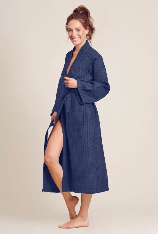 Women's Long Waffle Kimono Navy Robe