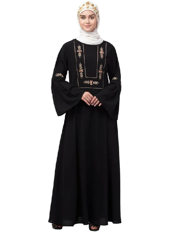 Dubai Yoke embroidered Pleated Bell sleeve Flare Abaya Black