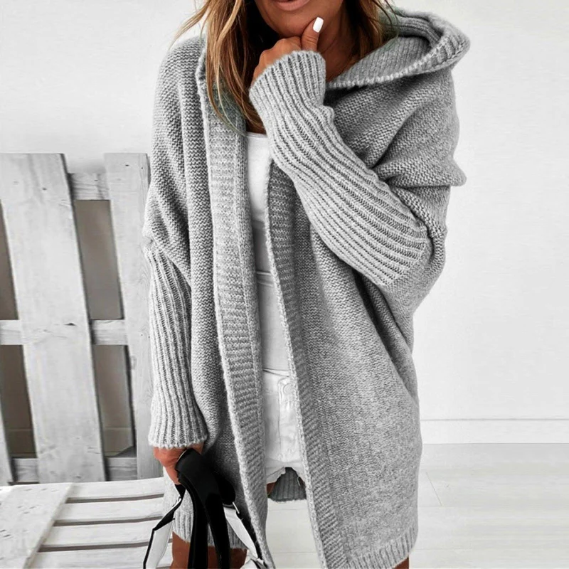 Long Knitted Cardigan — Hooded Women's Cardigan