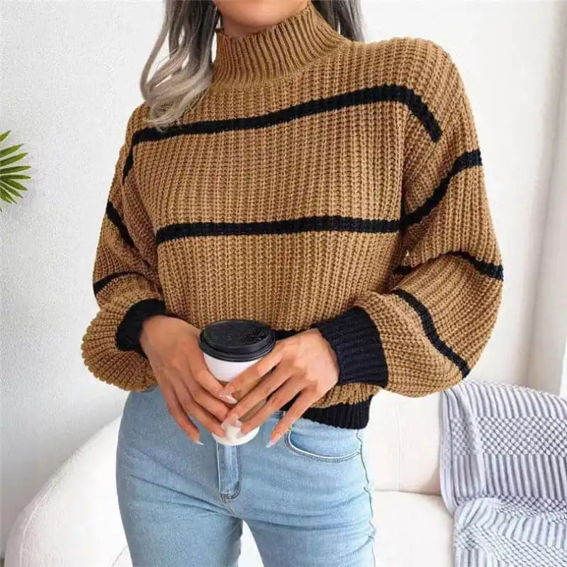 Women’s Casual Striped Balloon Sleeve Turtleneck Sweater