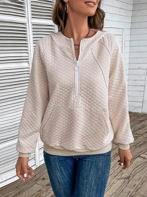 Women’s hooded long-sleeved solid color diamond check sweatshirt