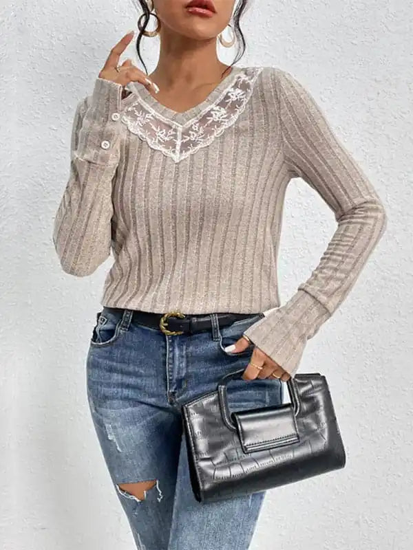 Women’s new solid color long sleeve v-neck sweater