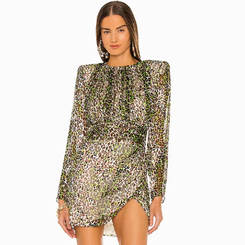 Animal Print Shoulder Pad Long Sleeve Cocktail Mini Dress - Leopard