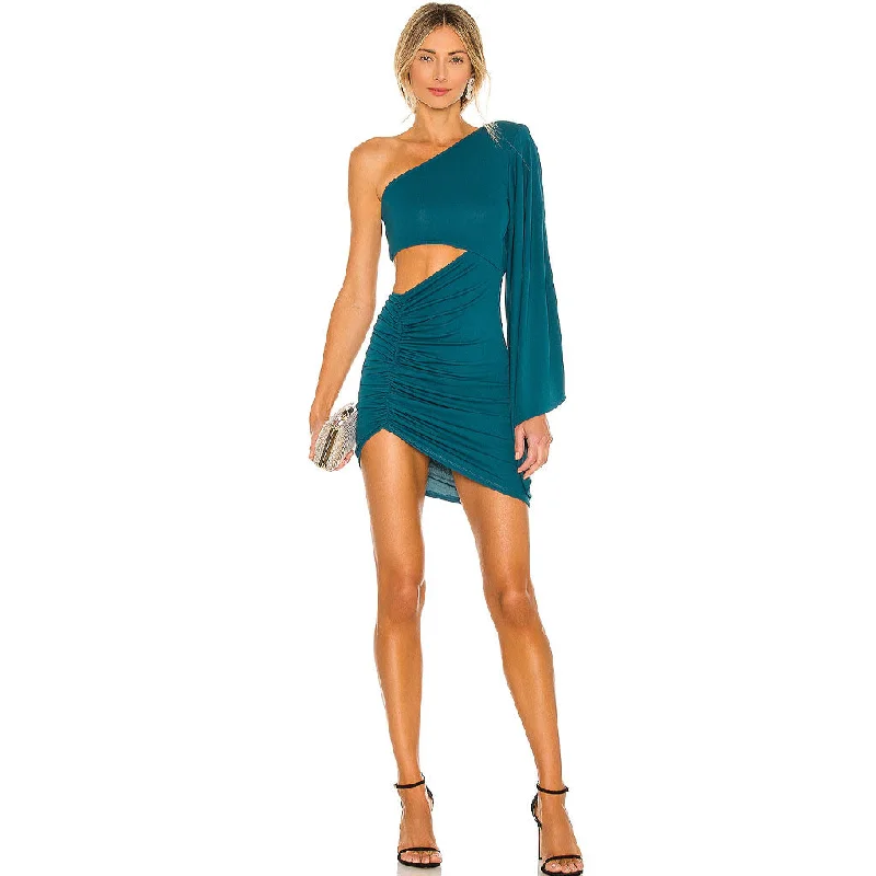 Asymmetric One Shoulder Cutout Ruched Party Mini Dress - Teal