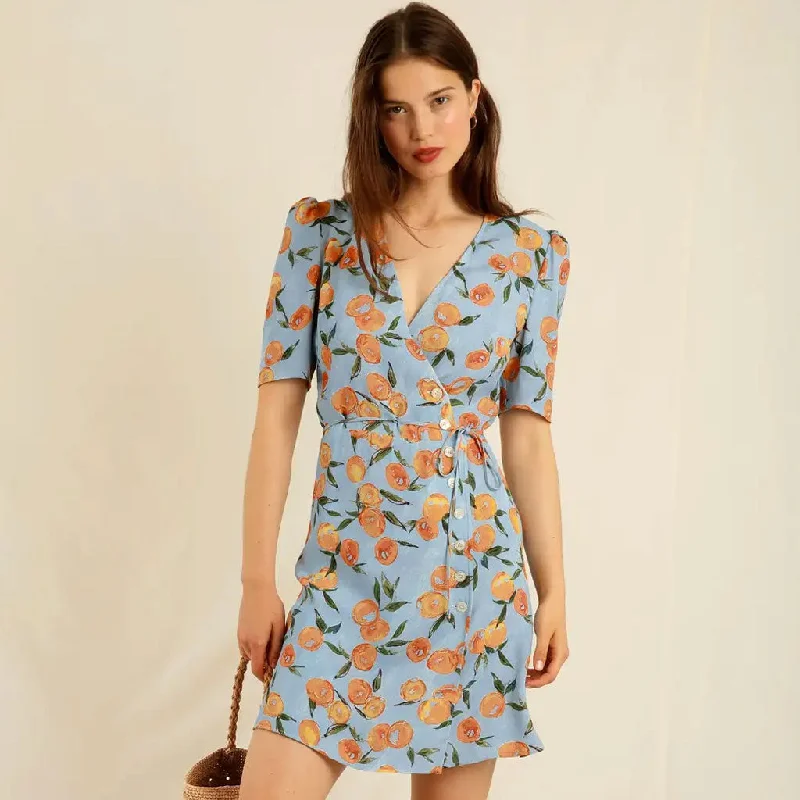 Chic Fruit Print Deep V Puff Sleeve Wrap Mini Dress - Blue