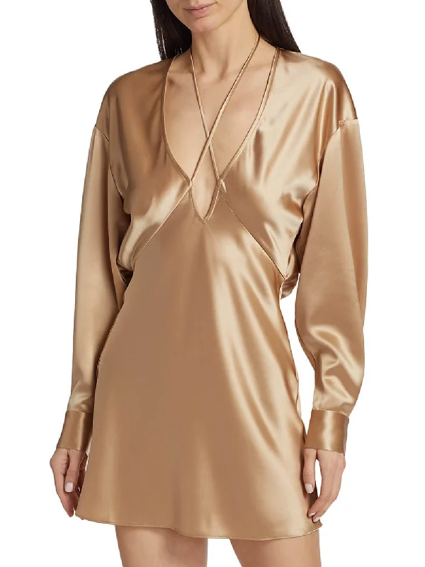 Delicate Strappy Deep V-Neck Graceful Tela Satin Mini Dress