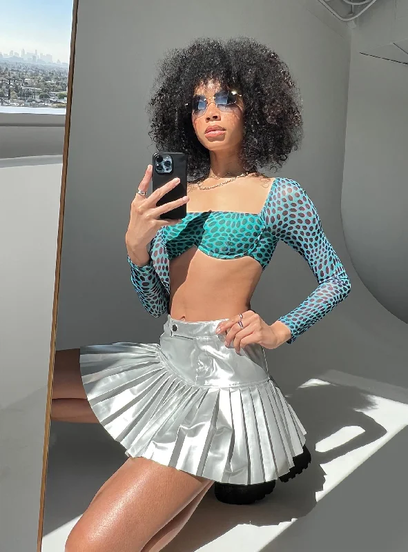 Cyan PU Mini Skirt Grey