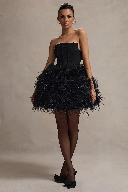 Peaches | Black Strapless Mini Dress With Volume Feather Hem