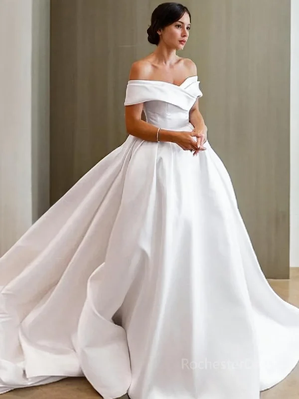 A-Line/Princess Off-the-Shoulder Chapel Train Satin Wedding Dresses