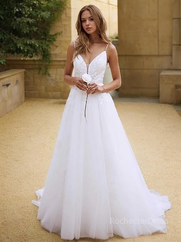 A-Line/Princess V-neck Sweep Train Lace Wedding Dresses With Appliques Lace