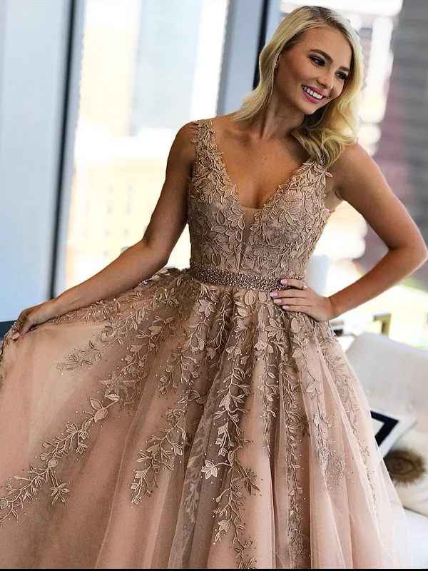 A Line V Neck Champagne Lace Prom Dresses, Champagne Lace Formal Graduation Wedding Dresses