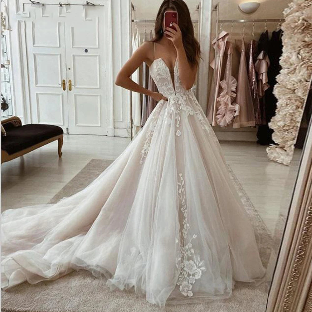 A Line Wedding Dress Deep V Neck Wedding Dresses For Women Spaghetti