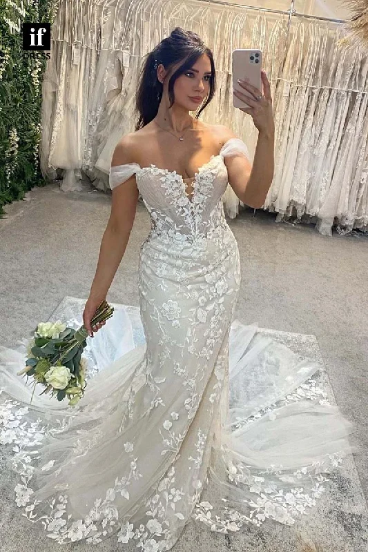 71203 - Memraid/Trumpet Strapless Deep V-Neck Lace Appliques Boho Wedding Dress