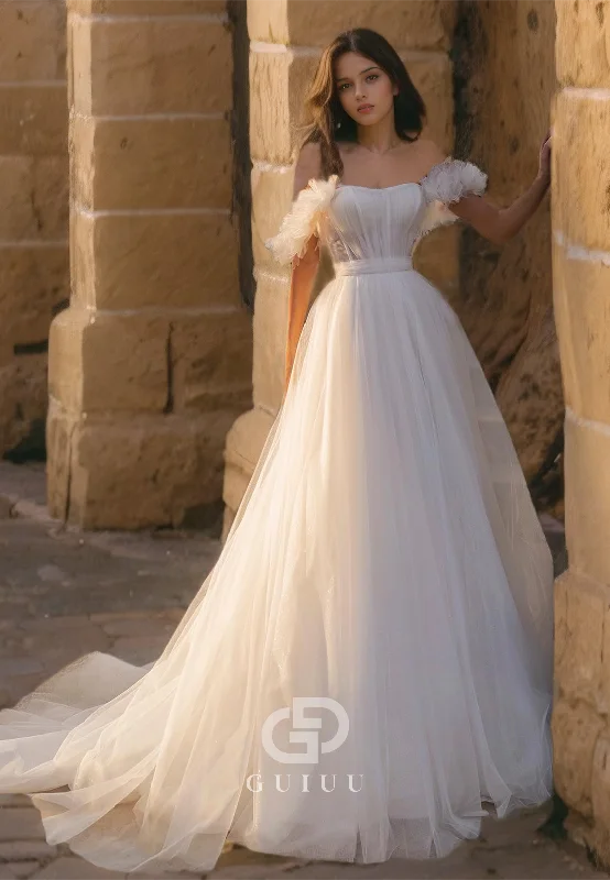 GW637 - Chic & Modern A-ling Off Shoulder Tulle Illusion Draped Long Wedding Dress with Sweep Train