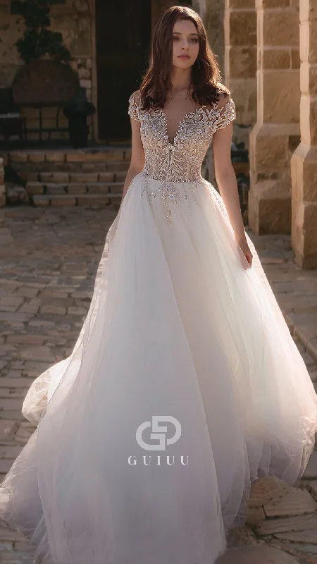 GW896 - Classic A-line Off-Shoulder Appliques Pearls Boho Beach Wedding Dress