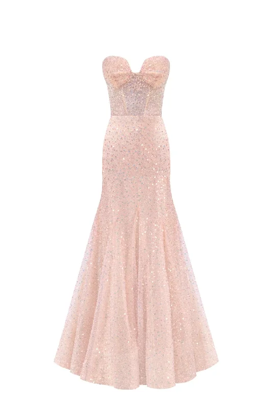 Entrance-worthy semi-transparent rose gold maxi sequined dress