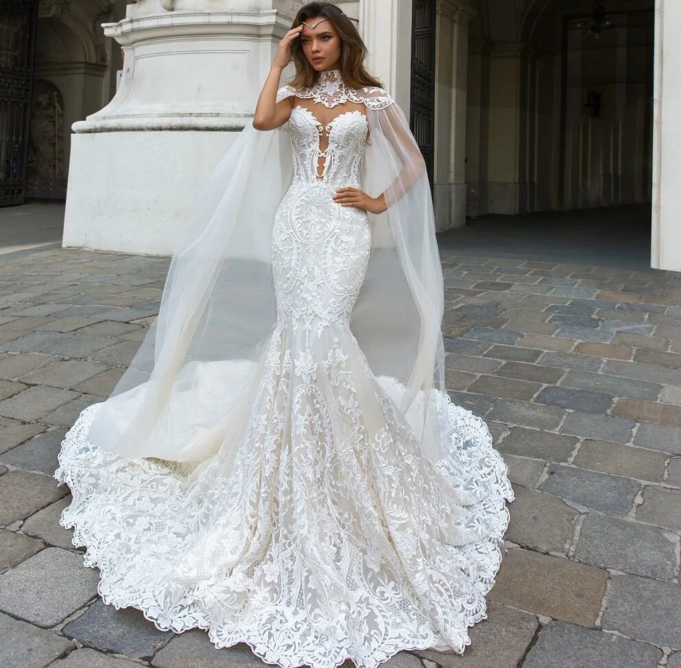 Wedding Dresses With Tulle Shawl Slim Elegant Bridal Gowns