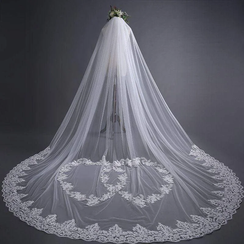 Romantic Lace Double Hearts Design Women Sweep Length Train Wedding Veil