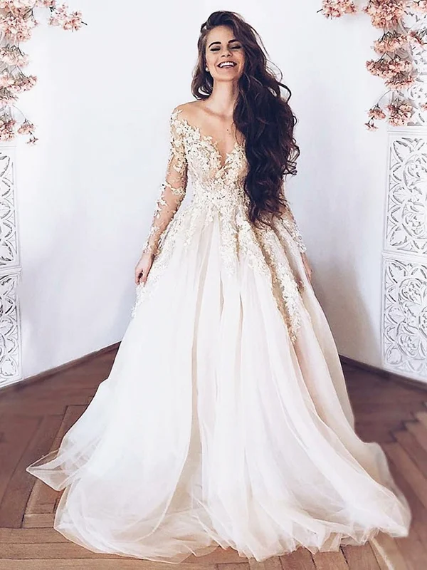 Round Neck Long Sleeves Lace Wedding Dresses, Long Sleeves Lace Prom Formal Graduation Dresses