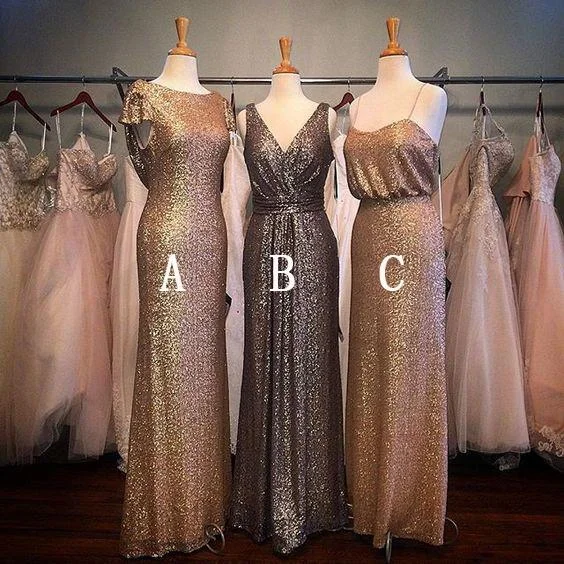 Sequin Gold Mismatched Long Wedding Cheap Spaghetti Strap Bridesmaid Dresses