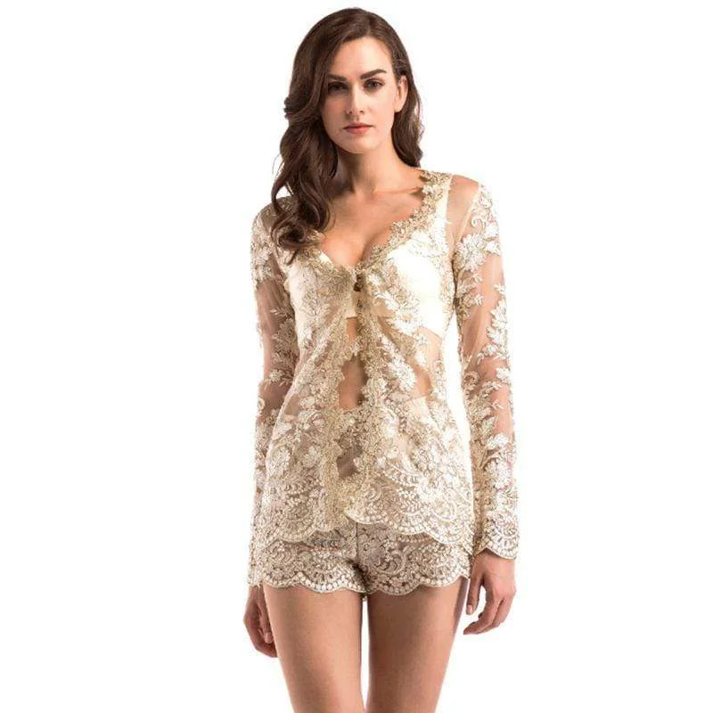 Sexy See-through Lace Embroidered Design Women Long Sleeves Party Wear Set