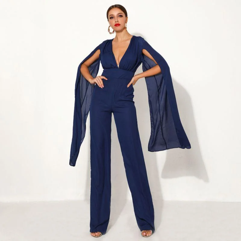 Solid Color Sexy Backless Mesh Fluttering Sleeve Party Jumpsuits