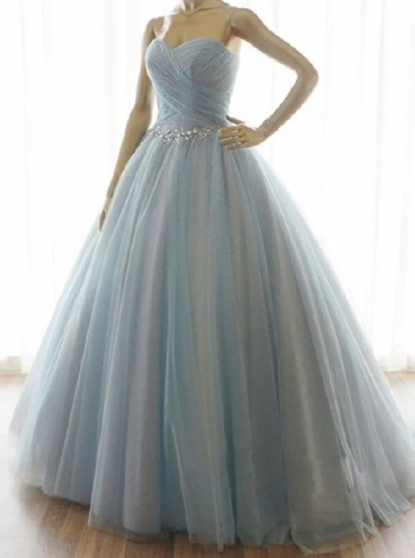 Strapless A-line Long Tulle Prom / Quinceanera Dress Blue Prom Dress Ball Gown Colored Wedding Dress