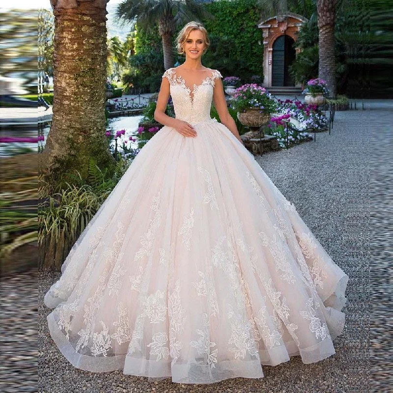 V Neck Lace Appliques 3D Flower Ball Gown Wedding Dress