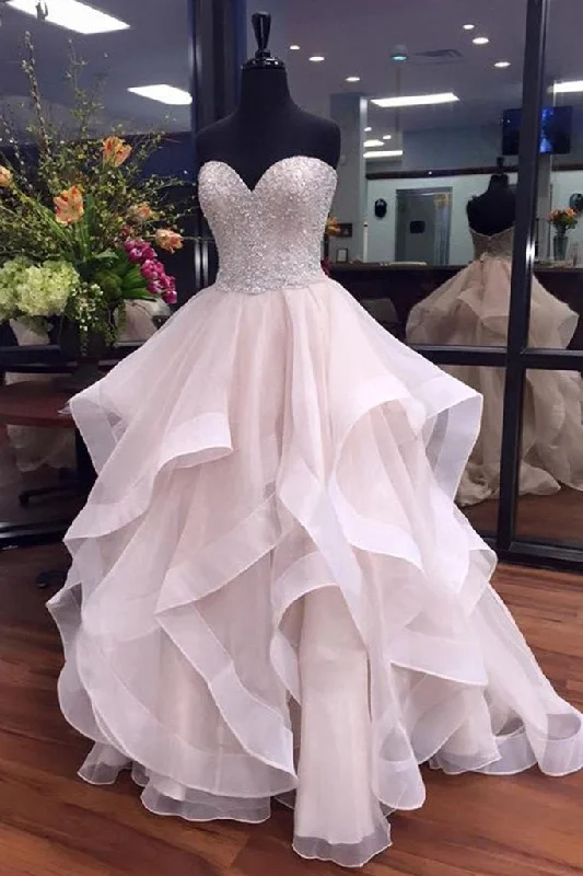 White organza sequins sweetheart tired prom dresses,ball gown luxurious wedding dresses