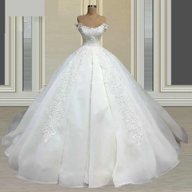 Women's Scoop-Neck Ball Gown Off The Shoulder Lace Appliques Wedding Dress