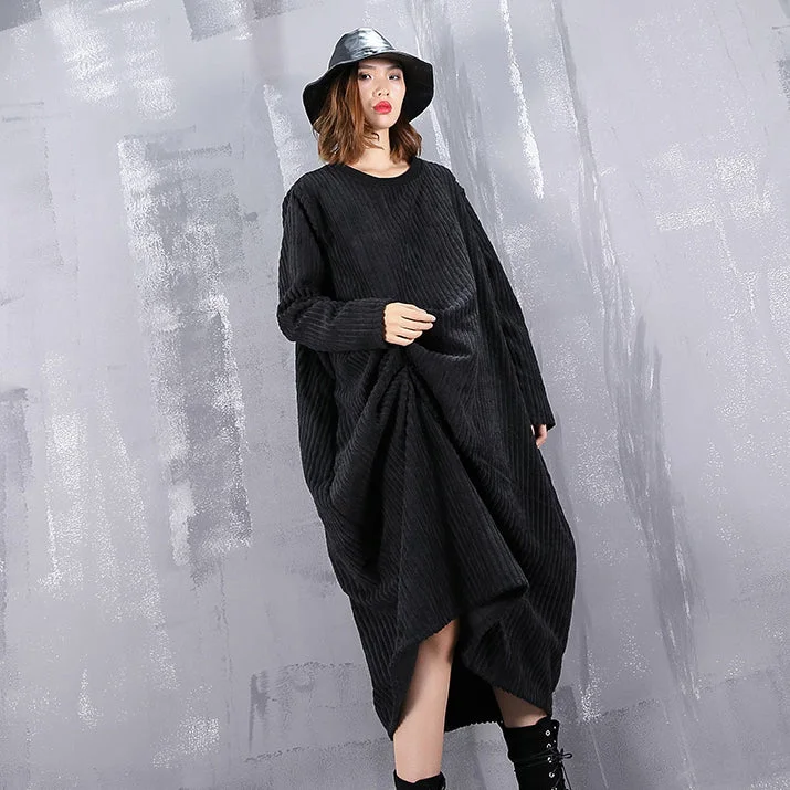 baggy black maxi dress casual O neck traveling dress fine asymmetric dresses