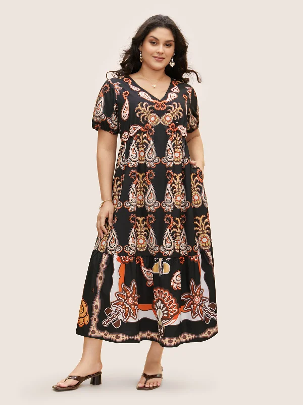 Bandana Print Lantern Sleeve Maxi Dress