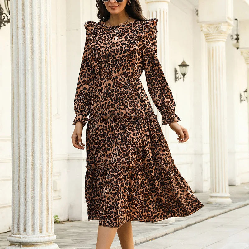 Elegant Fashion Women Leopard 2024 Autumn New Slim Hem Ruffle Full Sleeve Print A-line Midi Dress