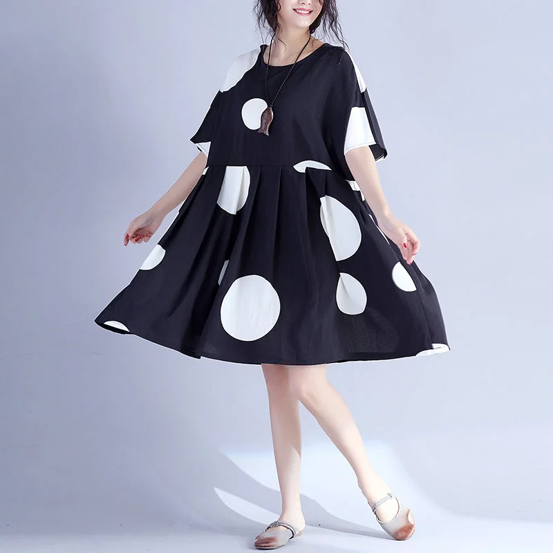 Fine black dotted pure cotton dress oversized cotton maxi dress casual o neck high waist knee dresses