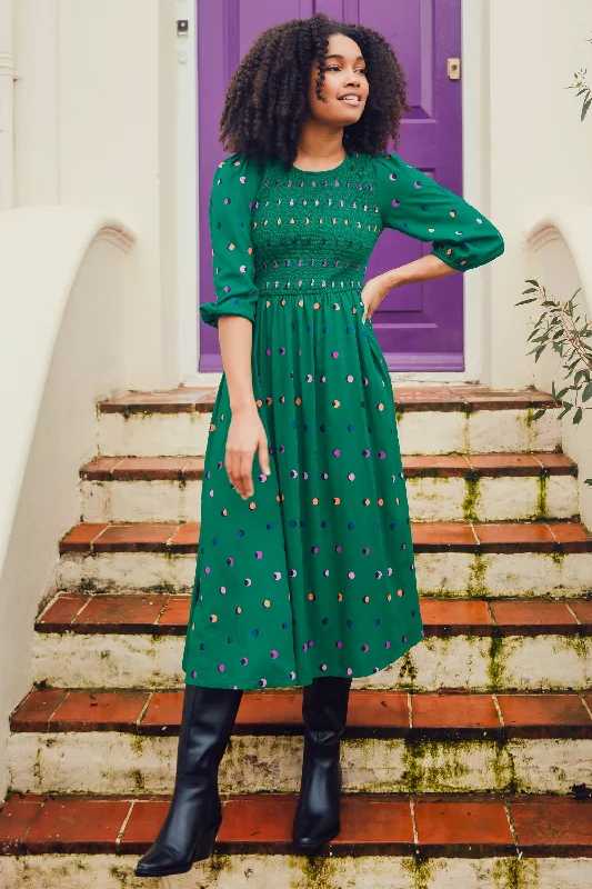 Gretel Midi Shirred Dress - Green, Rainbow Shadow Polka