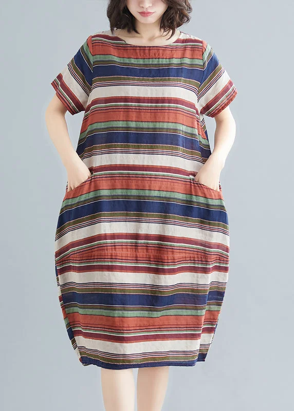 Italian Red Striped O-Neck Cotton Maxi Dress Short Sleeve