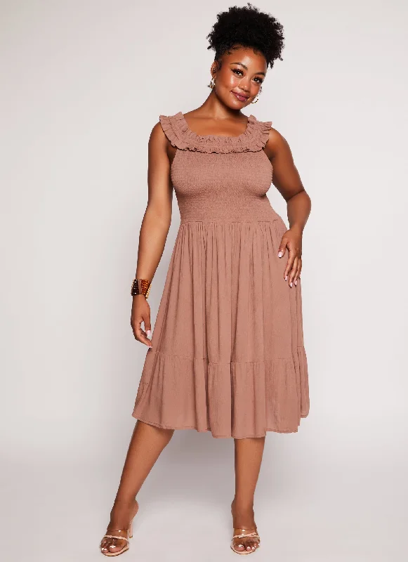 Plus Size Gauze Knit Smocked Midi Dress