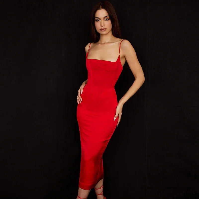 Luxury Square Neck Spaghetti Strap Satin Slip Midi Dress - Red