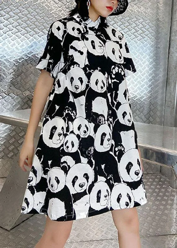 Natural Black Print A Line Long Dress Short Sleeve Cotton Summer