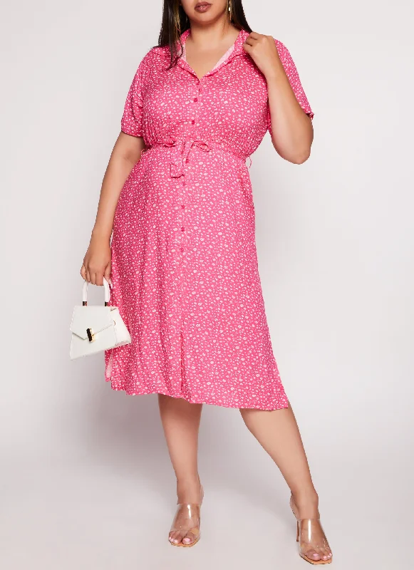 Plus Size Floral Print Shirt Dress