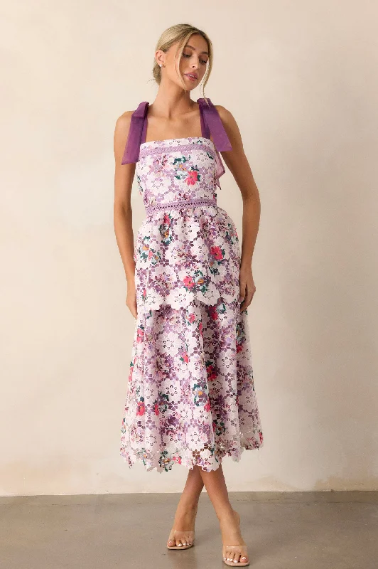 Romance In Bloom Lavender Floral Embroidered Midi Dress