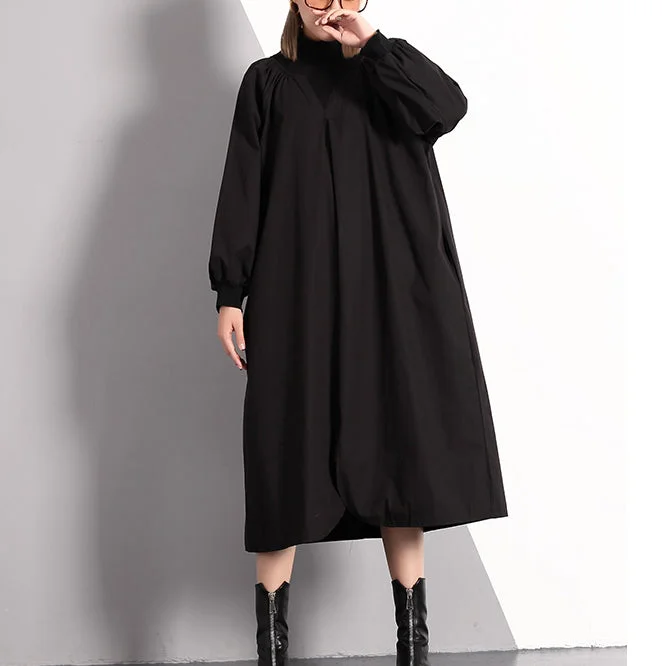 stylish black fall dress plus size clothing Turtleneck cotton blended maxi dress vintage front side open false two pieces cotton blended caftans