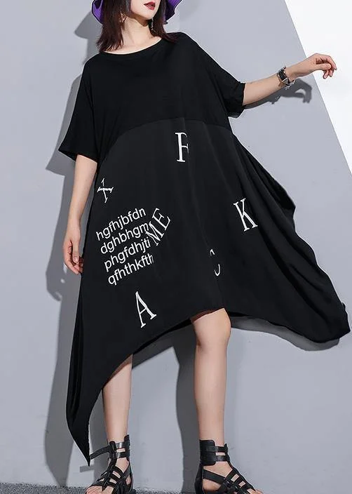 Vivid o neck asymmetric cotton tunics for women Inspiration black Maxi Dress summer