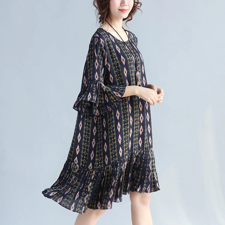 women dark blue prints chiffon dresses trendy plus size chiffon maxi dress Elegant ruffles hem ruffles sleeve cute chiffon dress