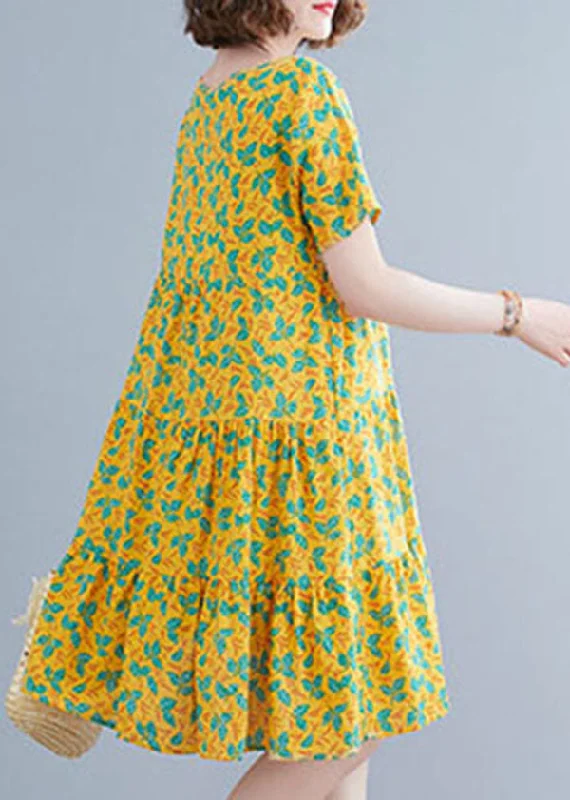 Yellow Print Patchwork Cotton Long Dresses O-Neck Wrinkled Short Sleeve