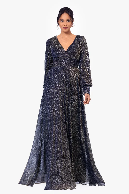 "Clarise" Long Sleeve Galaxy Pleated Foil Gown