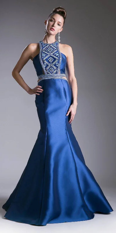 Cinderella Divine 83789 Halter Mermaid Mikado Gown Waist Cut Outs