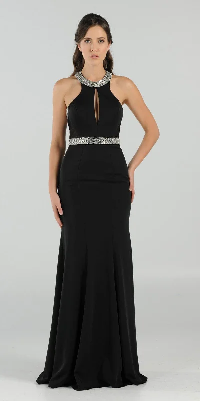 Poly USA 8066 High Neckline Embellished Gown Keyhole Bodice Black