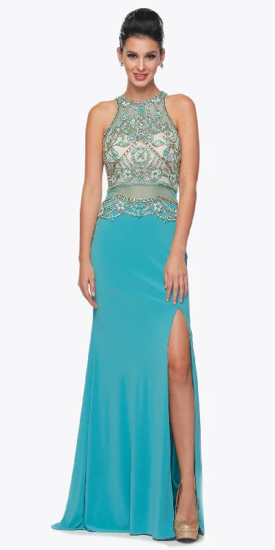 Juliet 617 Embellished Bodice Sheer Midriff Evening Gown