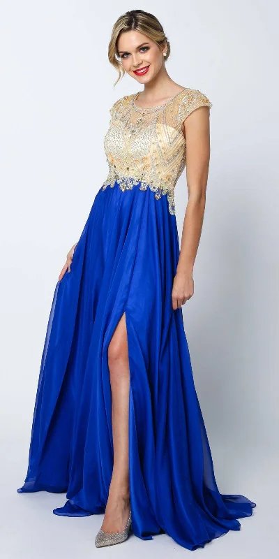 Juliet 636 Beaded Bodice Cap Sleeve Prom Gown with Slit and Train